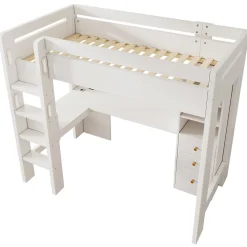 Lit mezzanine 90x200 cm, lit simple avec bureau en L, rangements et tiroirs, échelle, MDF/bois massif, blanc, sans matelas