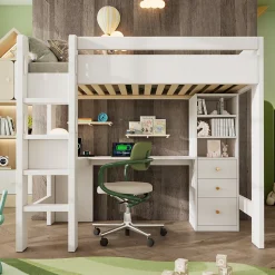 Lit mezzanine 90x200 cm, lit simple avec bureau en L, rangements et tiroirs, échelle, MDF/bois massif, blanc, sans matelas