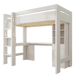 Lit mezzanine 90x200 cm, lit simple avec bureau en L, rangements et tiroirs, échelle, MDF/bois massif, blanc, sans matelas