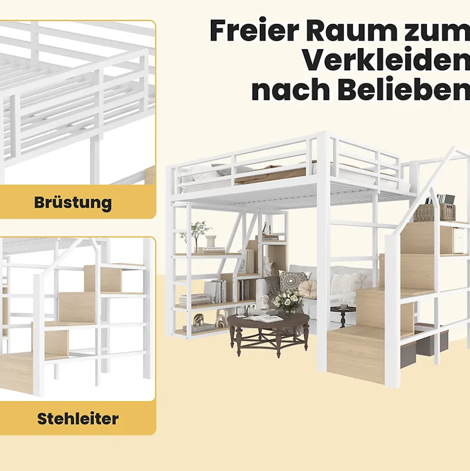 Lit Mezzanine 140x200 cm Métal Blanc avec Éclairage LED, Escalier Intégré et Garde-Corps, Lit Ado ou Adulte