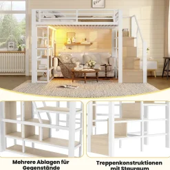 Lit Mezzanine 140x200 cm Métal Blanc avec Éclairage LED, Escalier Intégré et Garde-Corps, Lit Ado ou Adulte