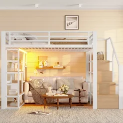 Lit Mezzanine 140x200 cm Métal Blanc avec Éclairage LED, Escalier Intégré et Garde-Corps, Lit Ado ou Adulte