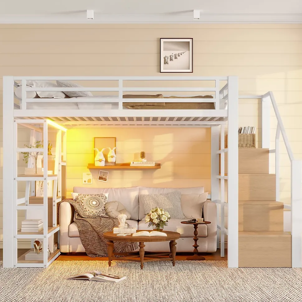 Lit Mezzanine 140x200 cm Métal Blanc avec Éclairage LED, Escalier Intégré et Garde-Corps, Lit Ado ou Adulte