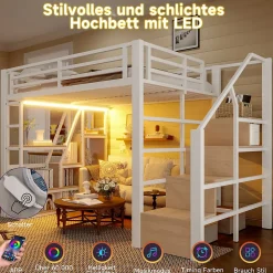 Lit Mezzanine 140x200 cm Métal Blanc avec Éclairage LED, Escalier Intégré et Garde-Corps, Lit Ado ou Adulte