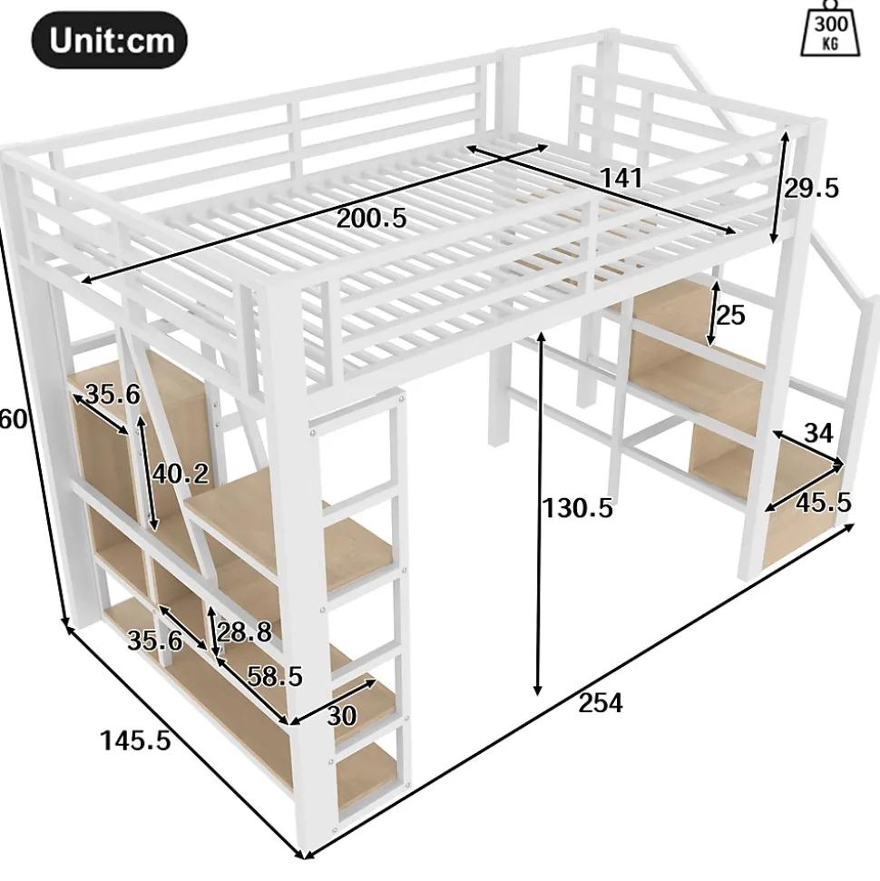 Lit Mezzanine 140x200 cm Métal Blanc avec Éclairage LED, Escalier Intégré et Garde-Corps, Lit Ado ou Adulte