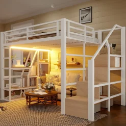 Lit Mezzanine 140x200 cm Métal Blanc avec Éclairage LED, Escalier Intégré et Garde-Corps, Lit Ado ou Adulte