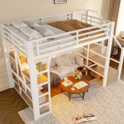 Lit Mezzanine 140x200 cm Métal Blanc avec Éclairage LED, Escalier Intégré et Garde-Corps, Lit Ado ou Adulte