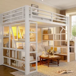 Lit Mezzanine 140x200 cm Métal Blanc avec Éclairage LED, Escalier Intégré et Garde-Corps, Lit Ado ou Adulte