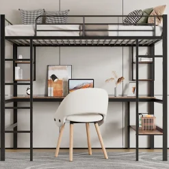 Lit mezzanine 90x200 cm métal noir, surélevé avec échelle, bureau et 4 étagères d angle, pour enfants et ados