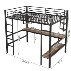 Lit mezzanine 90x200 cm métal noir, surélevé avec échelle, bureau et 4 étagères d angle, pour enfants et ados