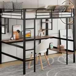 Lit mezzanine 90x200 cm métal noir, surélevé avec échelle, bureau et 4 étagères d angle, pour enfants et ados