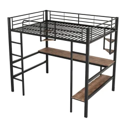 Lit mezzanine 90x200 cm métal noir, surélevé avec échelle, bureau et 4 étagères d angle, pour enfants et ados