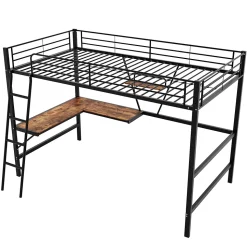 Lit mezzanine 90x200 cm métal, surélevé, échelle, bureau en L et étagère intégrée, pour enfants et adolescents, Noir