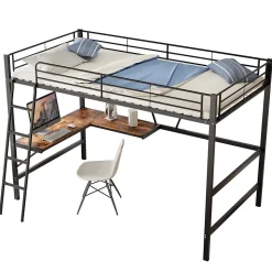 Lit mezzanine 90x200 cm métal, surélevé, échelle, bureau en L et étagère intégrée, pour enfants et adolescents, Noir