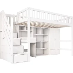 Lit mezzanine 90x200 cm multifonctionnel en bois et MDF - avec escalier de rangement, bureau et armoire - Blanc(sans matelas)