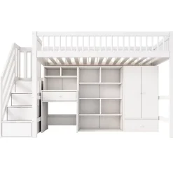 Lit mezzanine 90x200 cm multifonctionnel en bois et MDF - avec escalier de rangement, bureau et armoire - Blanc(sans matelas)