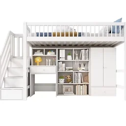 Lit mezzanine 90x200 cm multifonctionnel en bois et MDF - avec escalier de rangement, bureau et armoire - Blanc(sans matelas)