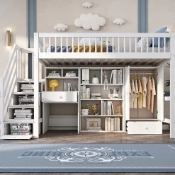 Lit mezzanine 90x200 cm multifonctionnel en bois et MDF - avec escalier de rangement, bureau et armoire - Blanc(sans matelas)