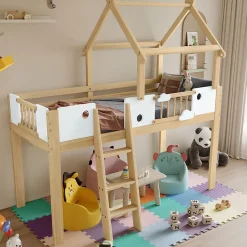 Lit mezzanine 90x200 cm simple avec échelle 3 niveaux et protection, bois pin MDF contreplaqué blanc et naturel sans matelas