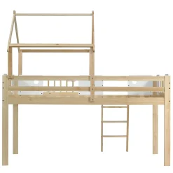 Lit mezzanine 90x200 cm simple avec échelle 3 niveaux et protection, bois pin MDF contreplaqué blanc et naturel sans matelas