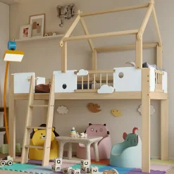 Lit mezzanine 90x200 cm simple avec échelle 3 niveaux et protection, bois pin MDF contreplaqué blanc et naturel sans matelas