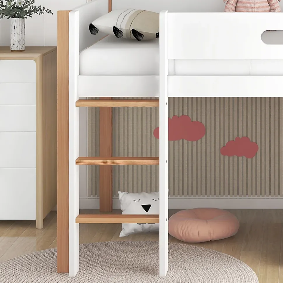 Lit mezzanine 90x200 cm simple enfant avec armoires amovibles et protection antichute, pin et MDF, naturel et blanc sans matelas