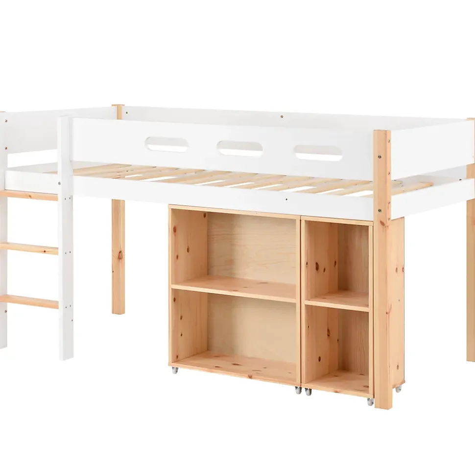 Lit mezzanine 90x200 cm simple enfant avec armoires amovibles et protection antichute, pin et MDF, naturel et blanc sans matelas