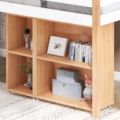 Lit mezzanine 90x200 cm simple enfant avec armoires amovibles et protection antichute, pin et MDF, naturel et blanc sans matelas