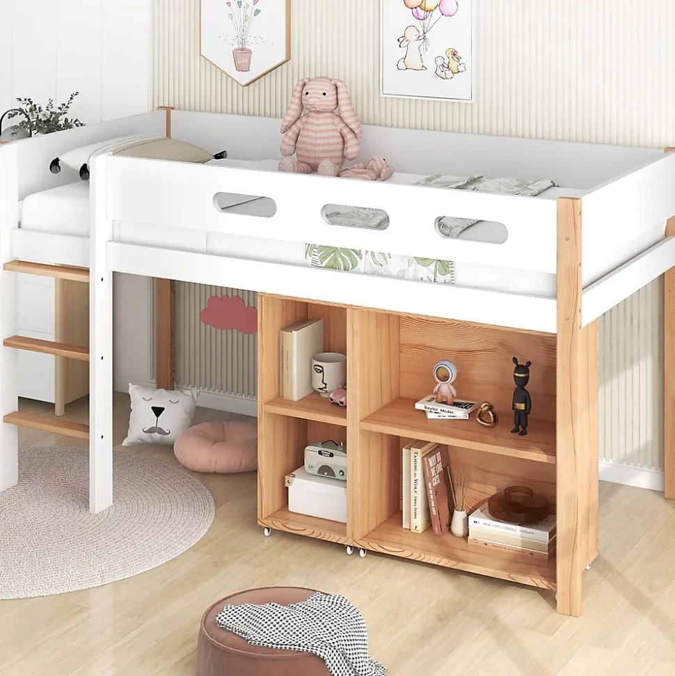 Lit mezzanine 90x200 cm simple enfant avec armoires amovibles et protection antichute, pin et MDF, naturel et blanc sans matelas