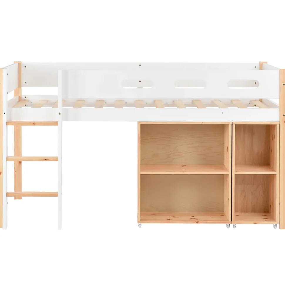 Lit mezzanine 90x200 cm simple enfant avec armoires amovibles et protection antichute, pin et MDF, naturel et blanc sans matelas