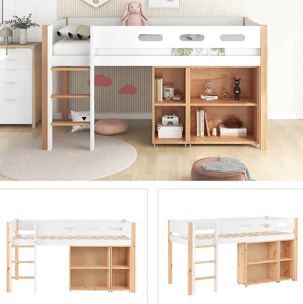 Lit mezzanine 90x200 cm simple enfant avec armoires amovibles et protection antichute, pin et MDF, naturel et blanc sans matelas