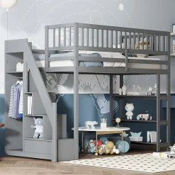 Lit mezzanine 90x200 cm simple avec rangement, escalier sécurisé, placard et étagères, bois massif et MDF gris sans matelas