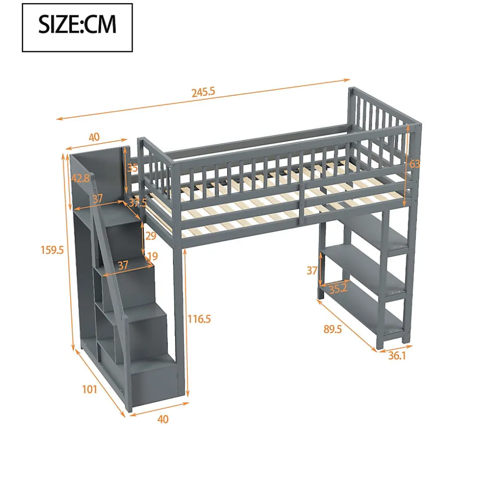 Lit mezzanine 90x200 cm simple avec rangement, escalier sécurisé, placard et étagères, bois massif et MDF gris sans matelas