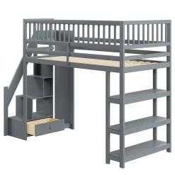 Lit mezzanine 90x200 cm simple avec rangement, escalier sécurisé, placard et étagères, bois massif et MDF gris sans matelas