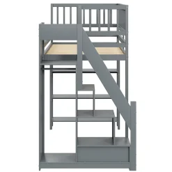 Lit mezzanine 90x200 cm simple avec rangement, escalier sécurisé, placard et étagères, bois massif et MDF gris sans matelas
