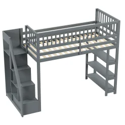 Lit mezzanine 90x200 cm simple avec rangement, escalier sécurisé, placard et étagères, bois massif et MDF gris sans matelas