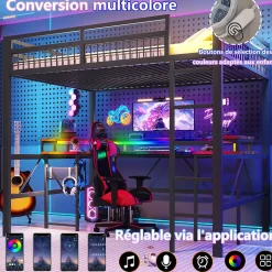 Lit Mezzanine 140x200 cm-Bureau Intégré, Éclairage LED Réglable et Panneau Perforé, Ports USB, Type-C et 2 Prises - Métal/MDF Noir