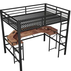 Lit Mezzanine 140x200 cm-Bureau Intégré, Éclairage LED Réglable et Panneau Perforé, Ports USB, Type-C et 2 Prises - Métal/MDF Noir