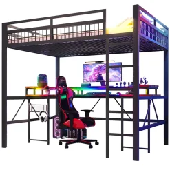 Lit Mezzanine 140x200 cm-Bureau Intégré, Éclairage LED Réglable et Panneau Perforé, Ports USB, Type-C et 2 Prises - Métal/MDF Noir