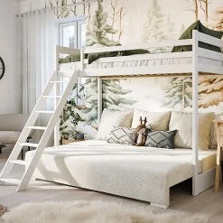 Lit mezzanine 90x200 sommier et canape inclus Orlane Blanc et blanc casse