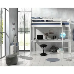 Lit Mezzanine 90x200 Sommier Inclus et Bureau Vipack Pino - Blanc