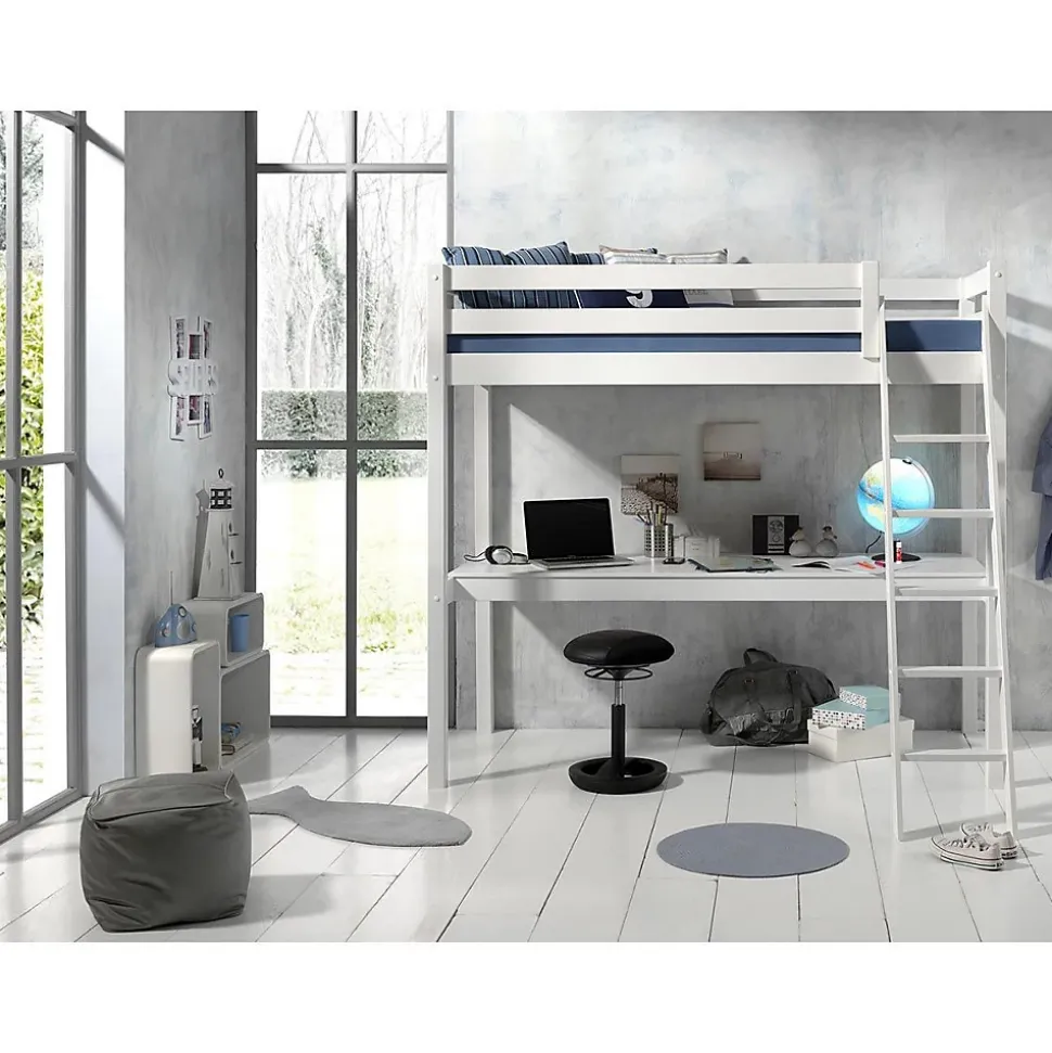 Lit Mezzanine 90x200 Sommier Inclus et Bureau Vipack Pino - Blanc