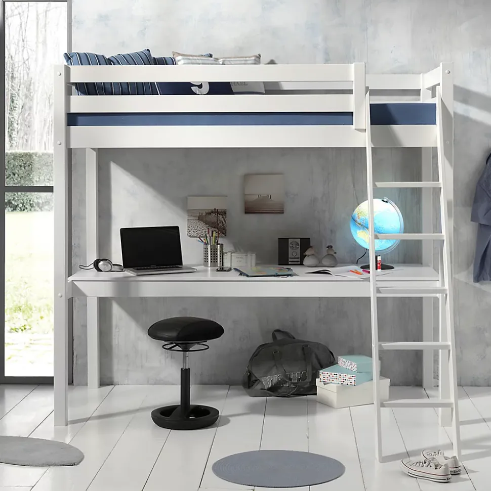 Lit Mezzanine 90x200 Sommier Inclus et Bureau Vipack Pino - Blanc