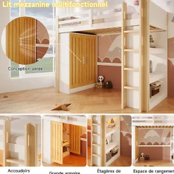 Lit mezzanine 90x200cm - avec éclairage LED - avec armoire - avec étagères - blanc + naturel (matelas non inclus)
