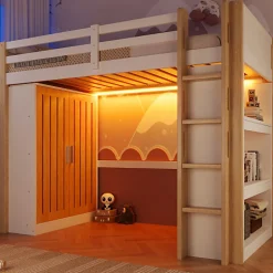 Lit mezzanine 90x200cm - avec éclairage LED - avec armoire - avec étagères - blanc + naturel (matelas non inclus)
