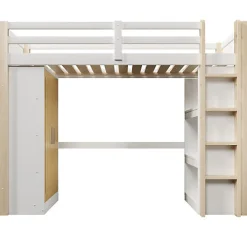 Lit mezzanine 90x200cm - avec éclairage LED - avec armoire - avec étagères - blanc + naturel (matelas non inclus)