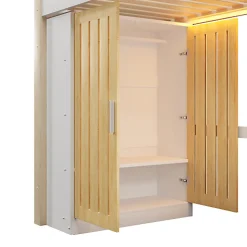 Lit mezzanine 90x200cm - avec éclairage LED - avec armoire - avec étagères - blanc + naturel (matelas non inclus)
