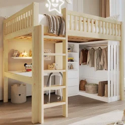 Lit mezzanine 140x200cm - bureau et armoire - 3 tiroirs - escalier - naturel (matelas non inclus)