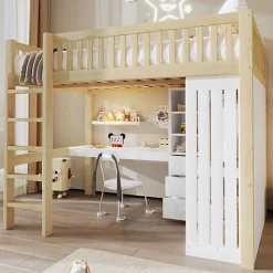 Lit mezzanine 140x200cm - bureau et armoire - 3 tiroirs - escalier - naturel (matelas non inclus)