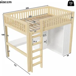 Lit mezzanine 140x200cm - bureau et armoire - 3 tiroirs - escalier - naturel (matelas non inclus)